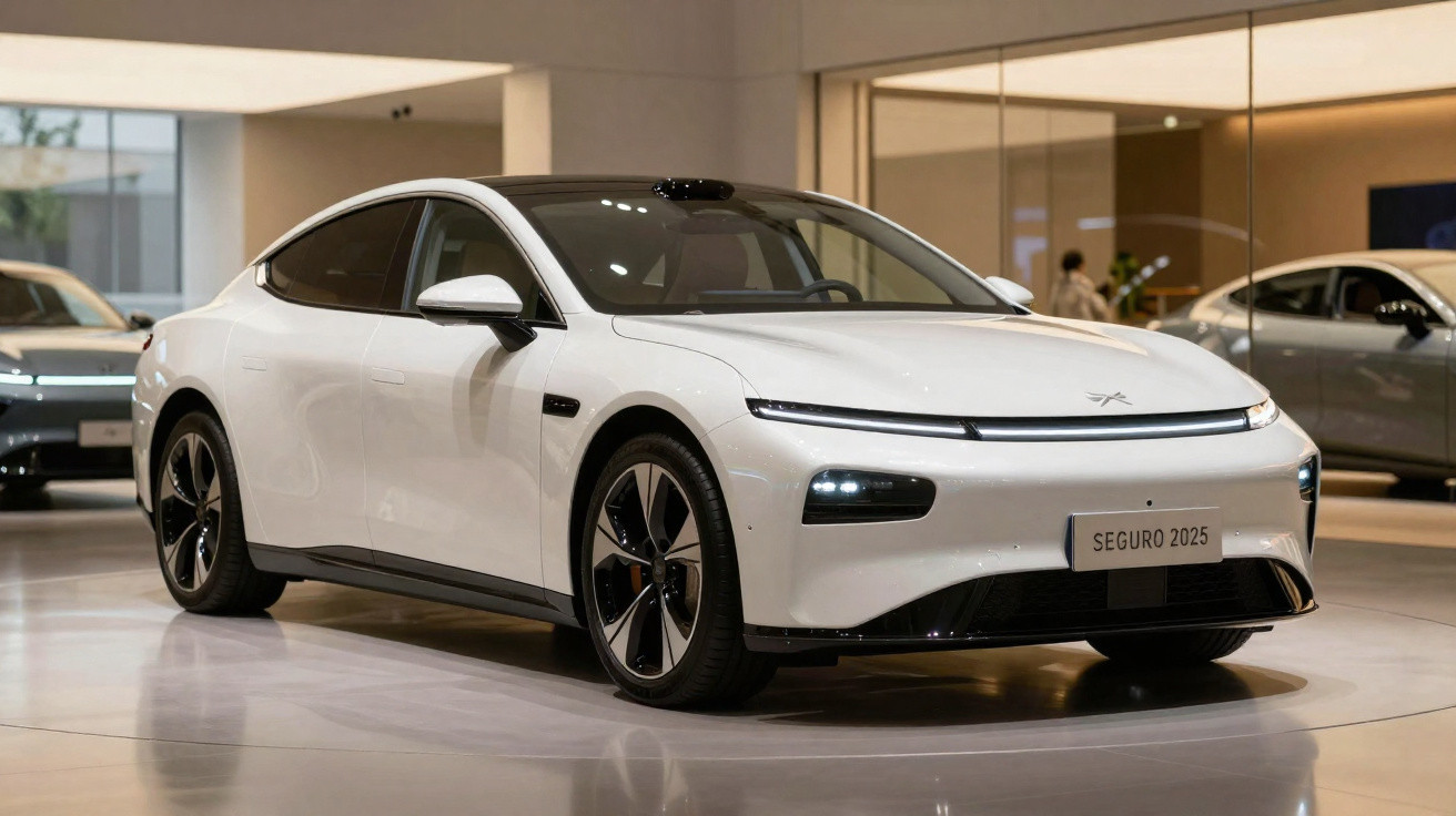 Carro elétrico branco em exposição, design moderno e linhas aerodinâmicas, foco na frente do veículo.