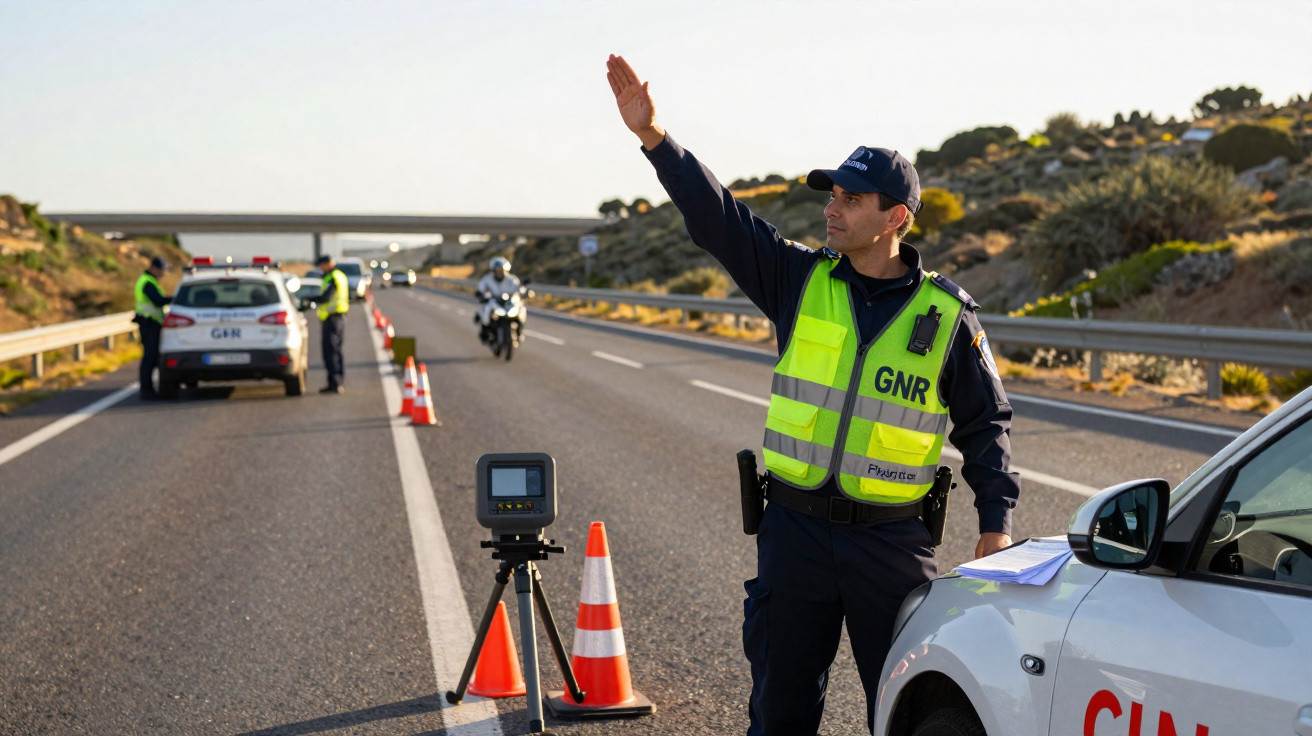 Agente da GNR a controlar o trânsito numa autoestrada com radar de velocidade e cone de sinalização.