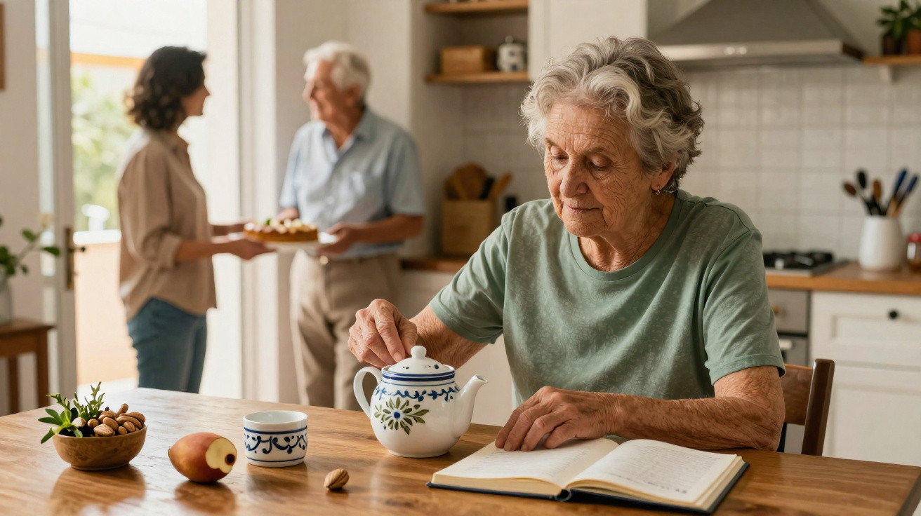 Mulher idosa a servir chá enquanto lê livro numa cozinha, com duas pessoas ao fundo a interagir.
