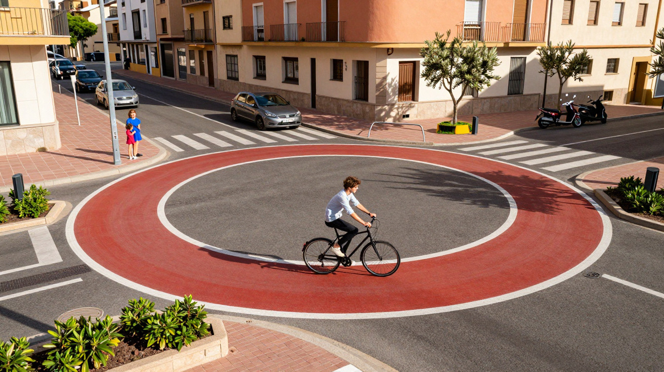 Ciclista passa por rotunda pintada de vermelho num cruzamento urbano com prédios e peões ao fundo.