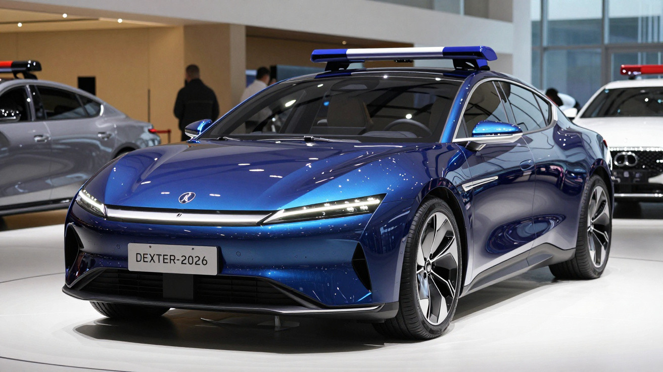 Carro elétrico azul com design futurista exibido numa feira automóvel, modelo Dexter-2026.