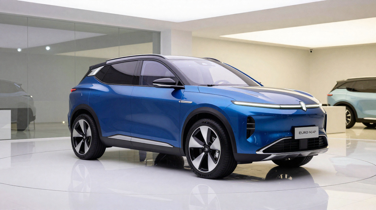Carro elétrico azul moderno com design aerodinâmico em exposição interior num espaço minimalista.