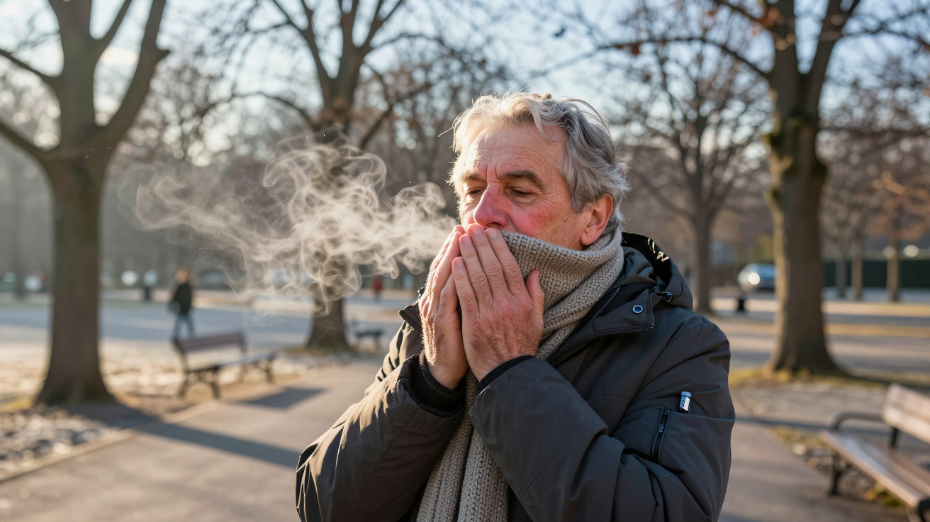 Homem idoso com casaco e cachecol aquece as mãos ao ar livre em dia frio com árvores e bancos ao fundo.