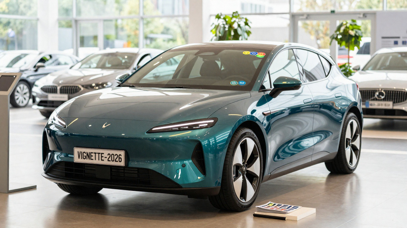 Carro elétrico moderno verde exposto em showroom automóvel com janelas grandes ao fundo.