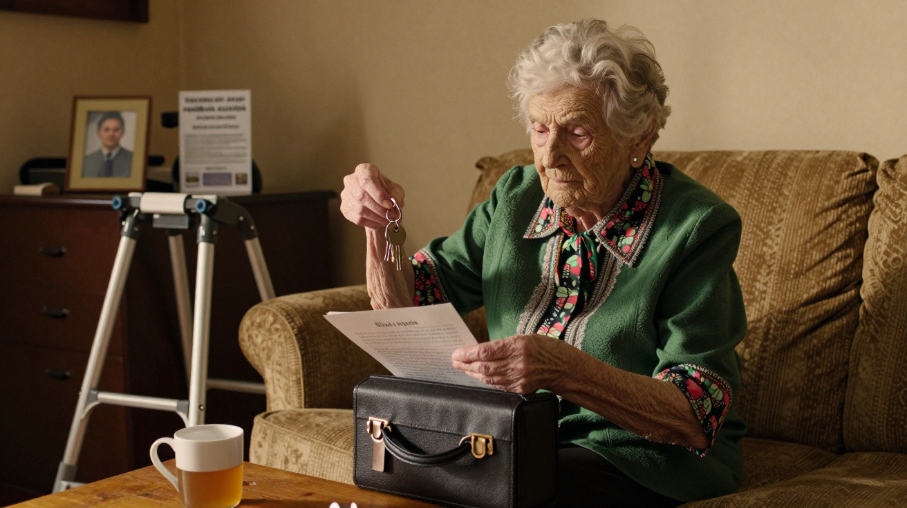 Idosa sentada no sofá, segurando chaves e a ler um documento, com mala preta sobre a mesa.