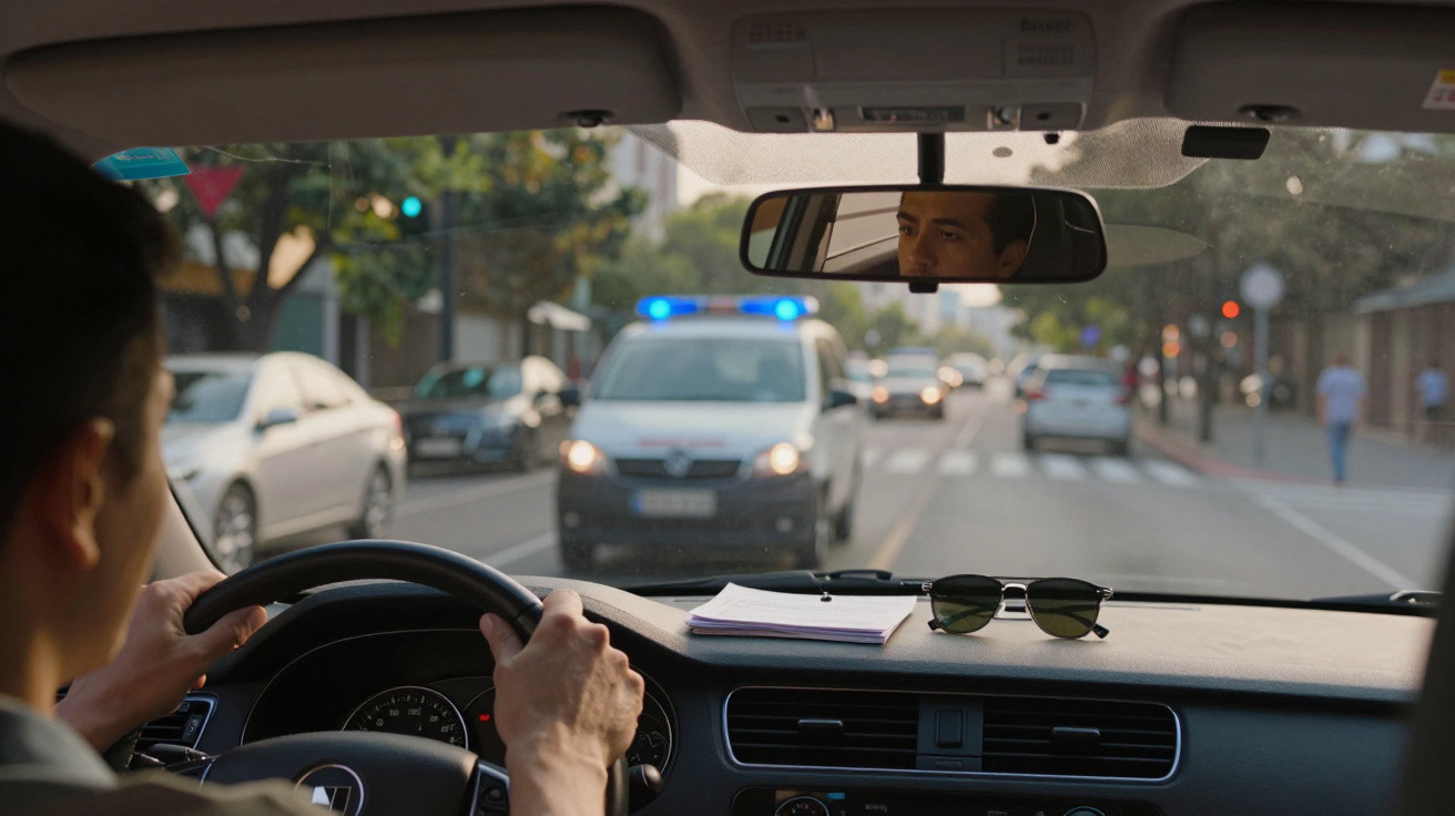 Homem ao volante observa viatura policial com luzes azuis numa rua urbana movimentada.