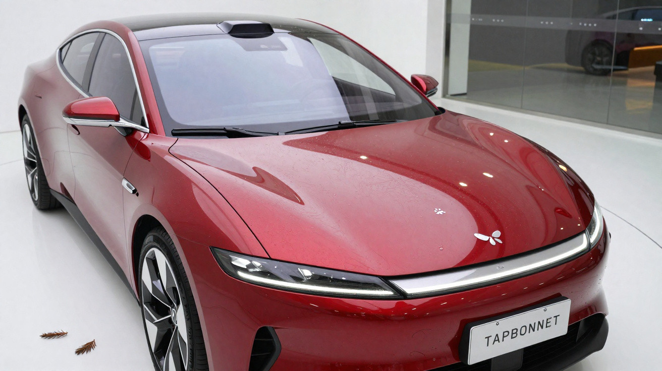 Carro elétrico vermelho brilhante com design futurista exposto em espaço interior branco.