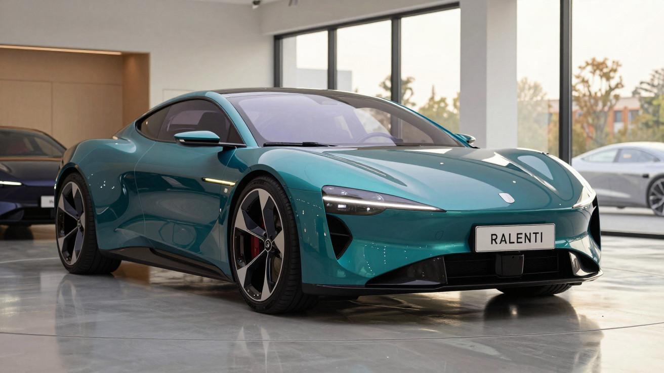 Carro desportivo azul-turquesa com design aerodinâmico em exibição numa exposição moderna com janelas amplas.