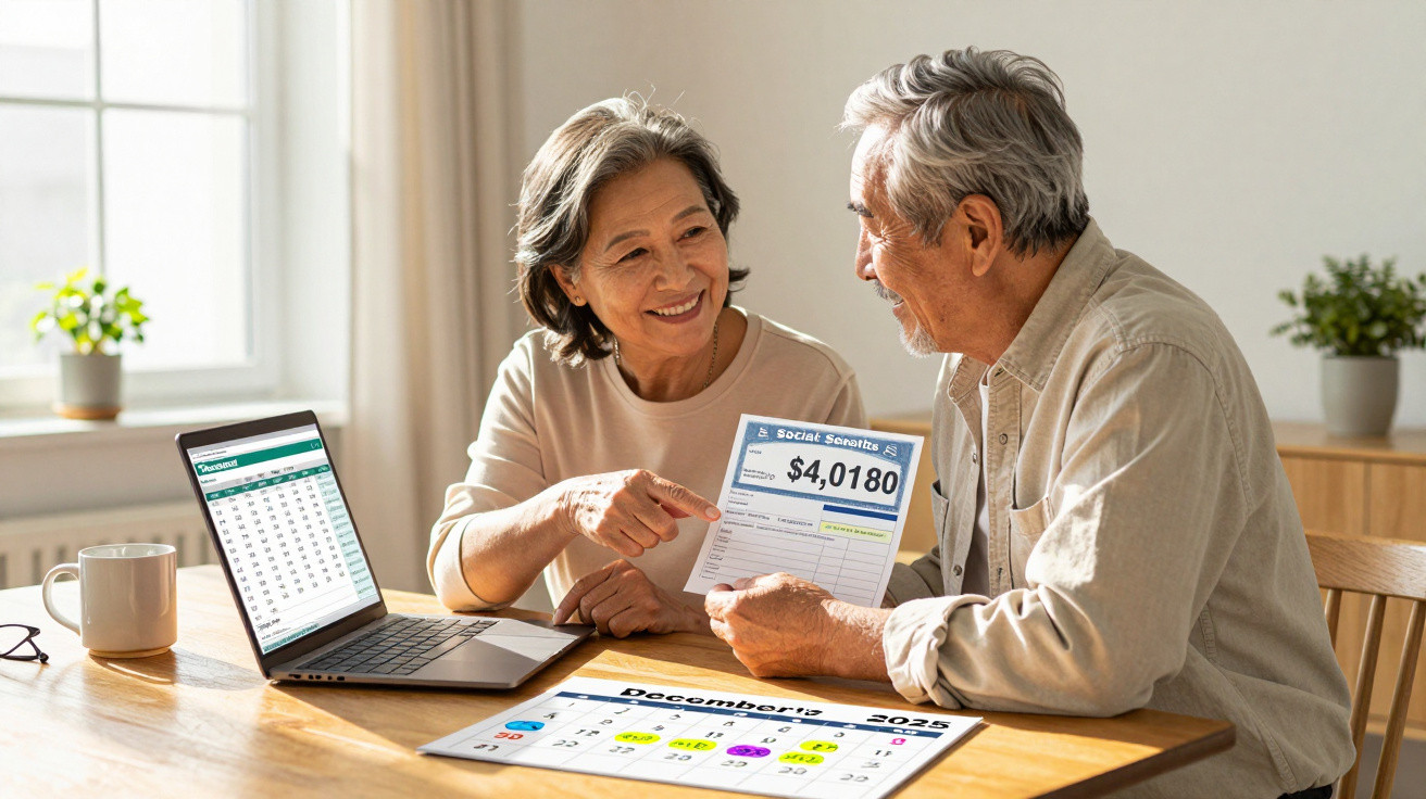 Casal sénior a analisar conta de segurança social com laptop e calendário numa mesa iluminada.