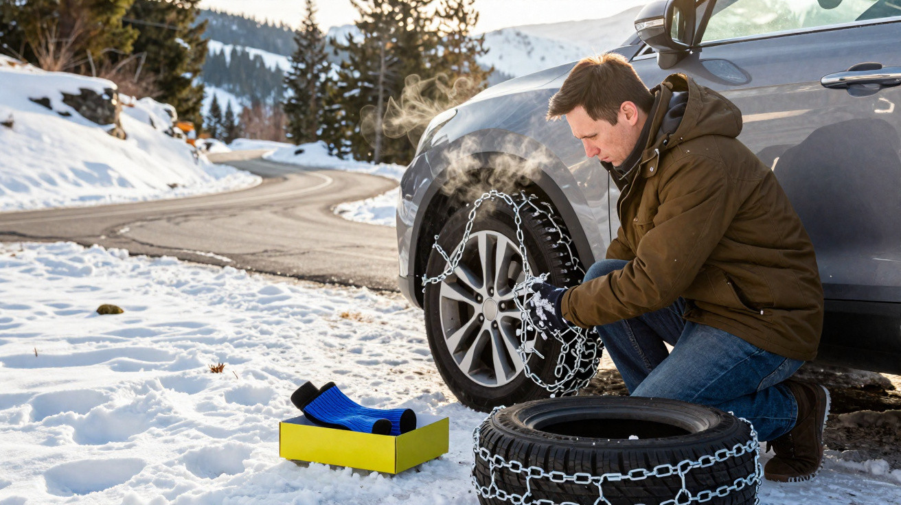 Homem a colocar correntes de neve num pneu de carro numa estrada nevada de montanha.