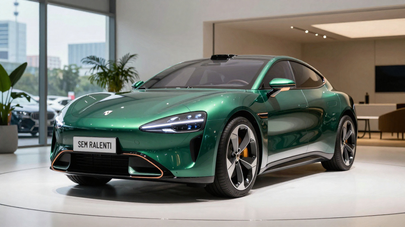 Carro desportivo elétrico verde com design aerodinâmico exposto em ambiente moderno interior.