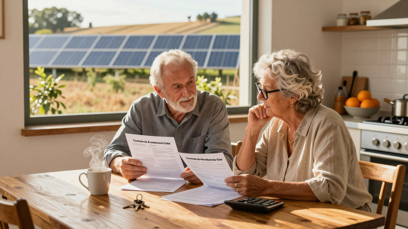 Casal sénior analisa documentos sobre energia solar na cozinha, com painéis solares visíveis pela janela.