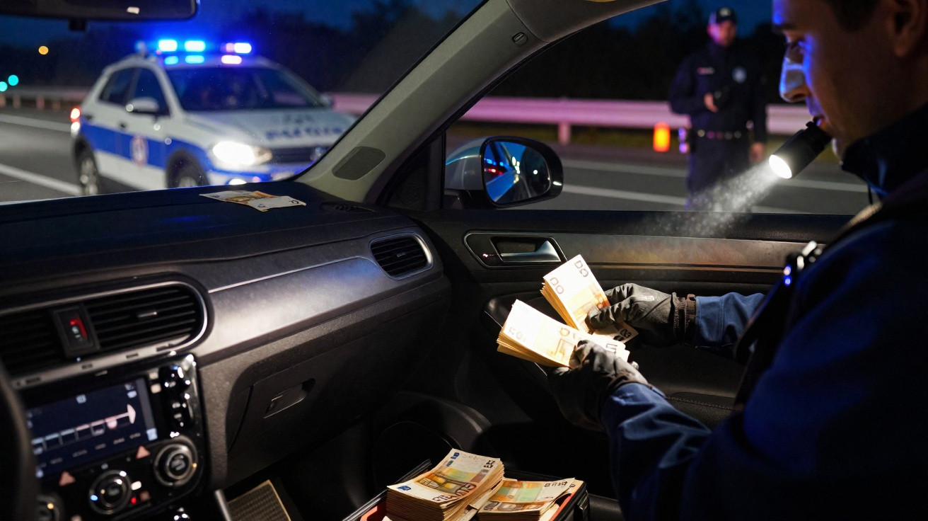 Polícia inspeciona dinheiro durante abordagem noturna a veículo parado com viatura com luzes azuis ao fundo.