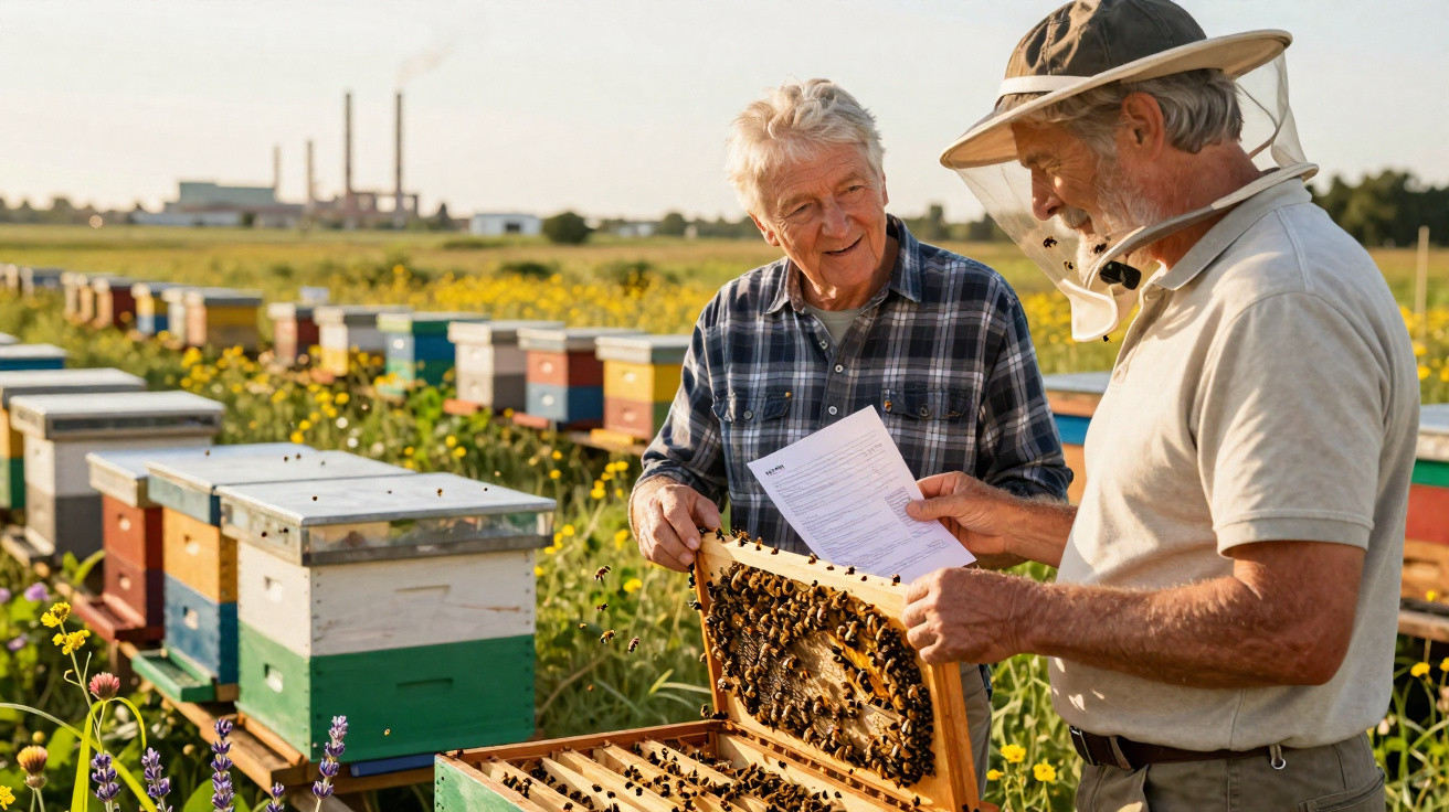 Dois apicultores idosos inspecionam uma colmeia num campo com flores e caixas de abelhas ao fundo.