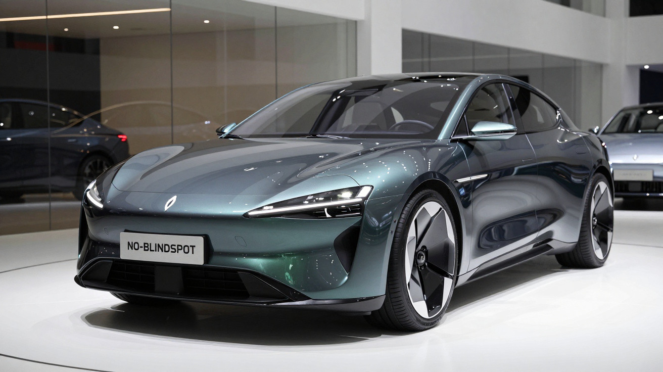 Carro elétrico desportivo cinza escuro Renault No-Blindspot em exposição num salão automóvel.
