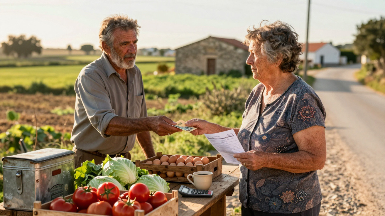 Homem vende legumes e ovos a mulher numa feira ao ar livre numa estrada rural.