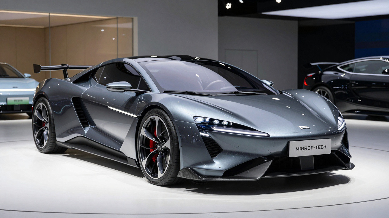 Carro desportivo cinzento metálico com design aerodinâmico exibido em salão automóvel.