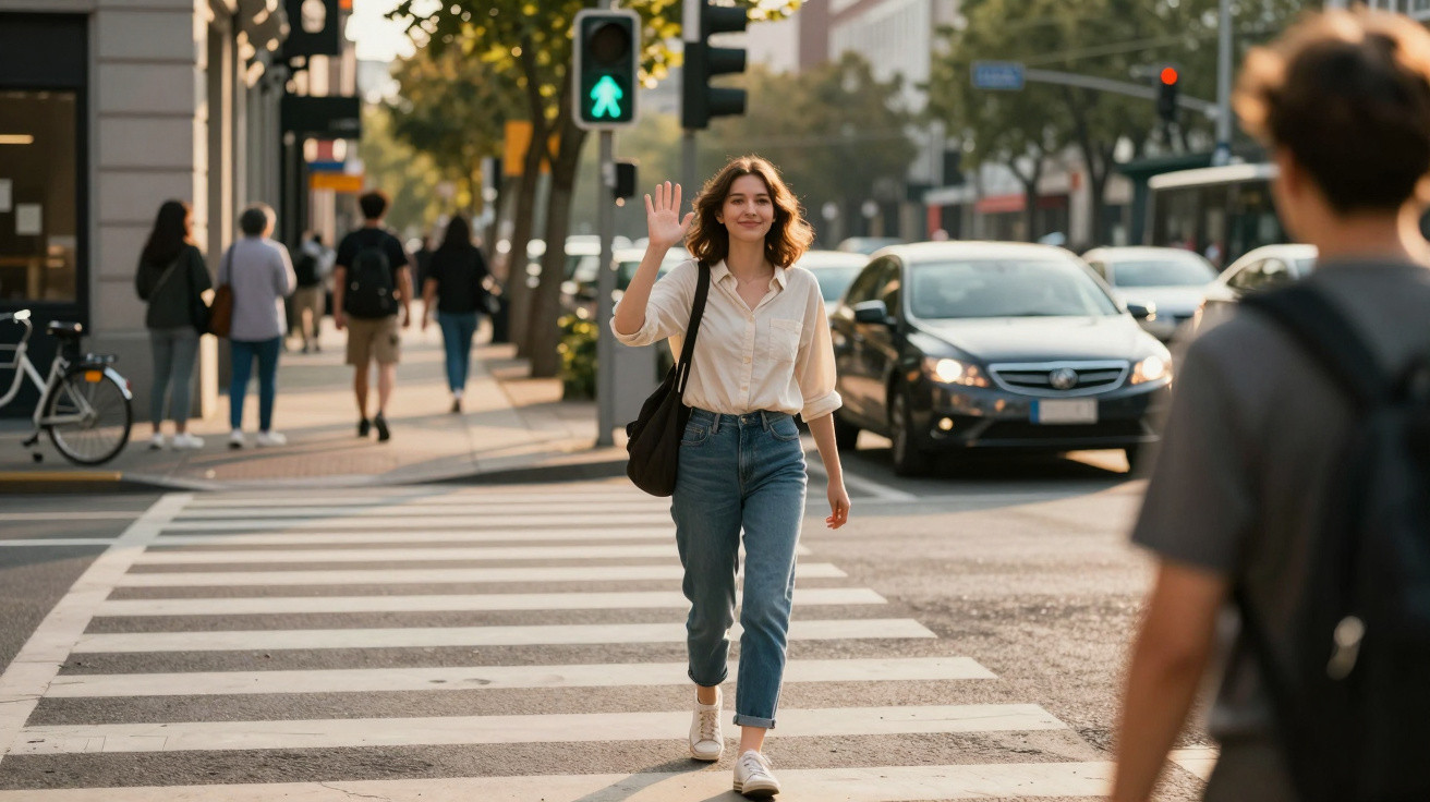 Mulher jovem a atravessar passadeira em zona urbana com semáforo verde para peões.