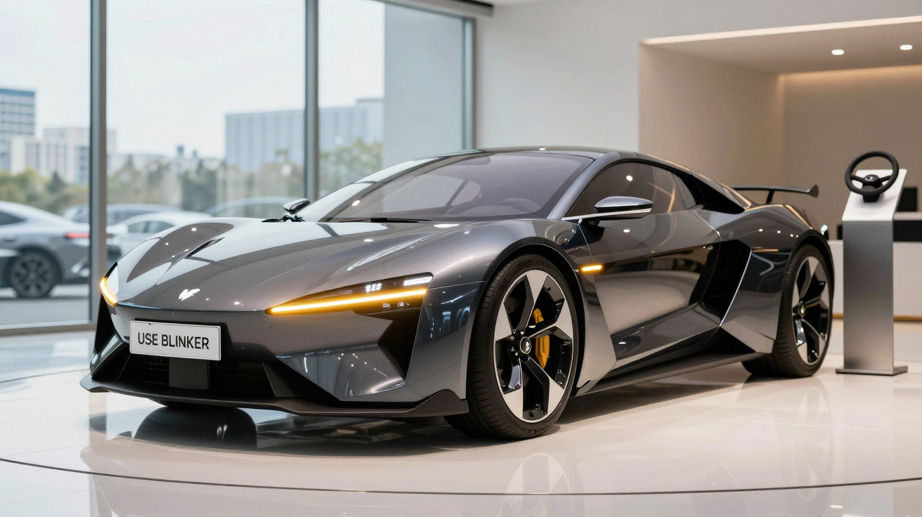 Carro desportivo elétrico cinzento com design futurista exposto numa sala moderna com janelas grandes.