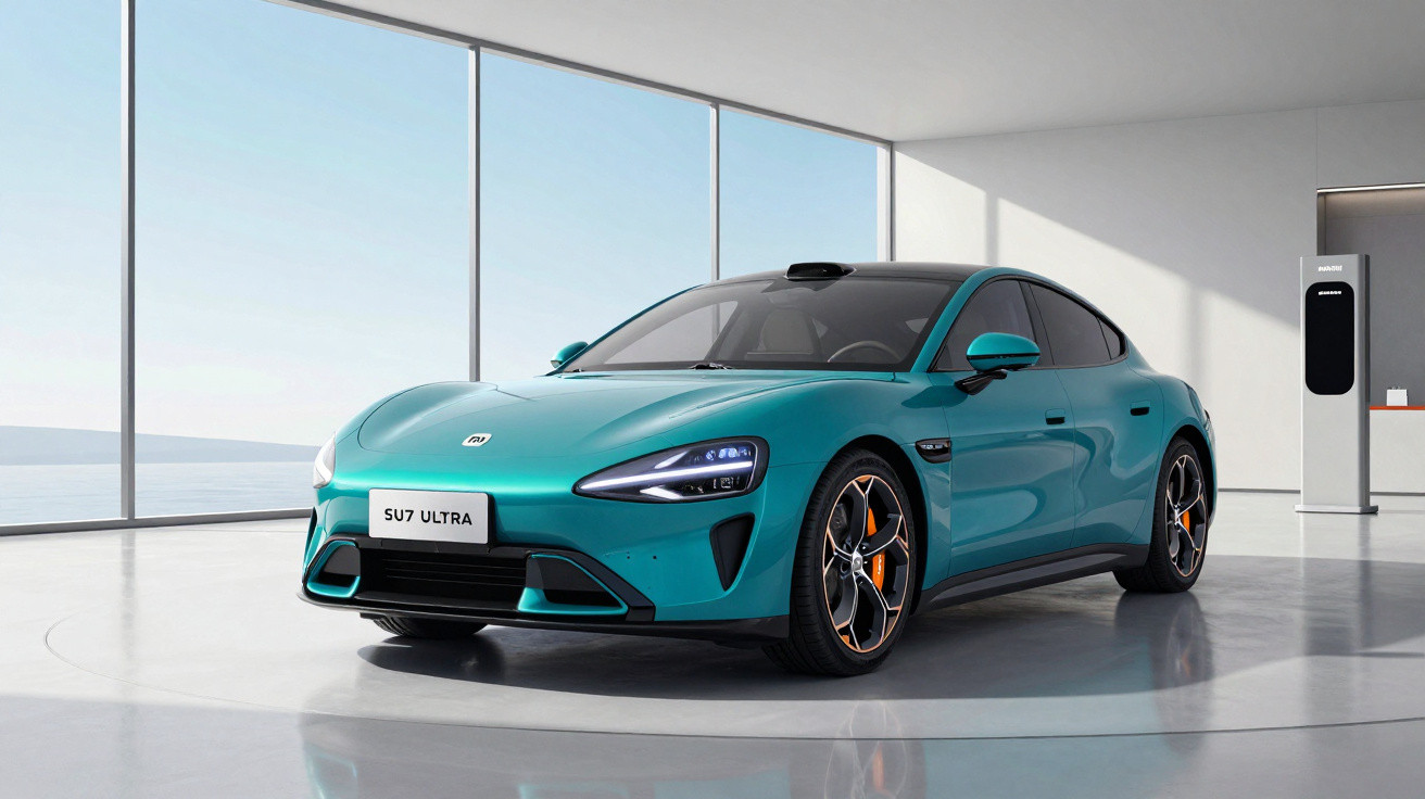 Carro elétrico azul modelo SU7 Ultra numa sala moderna com grandes janelas e carregador elétrico.