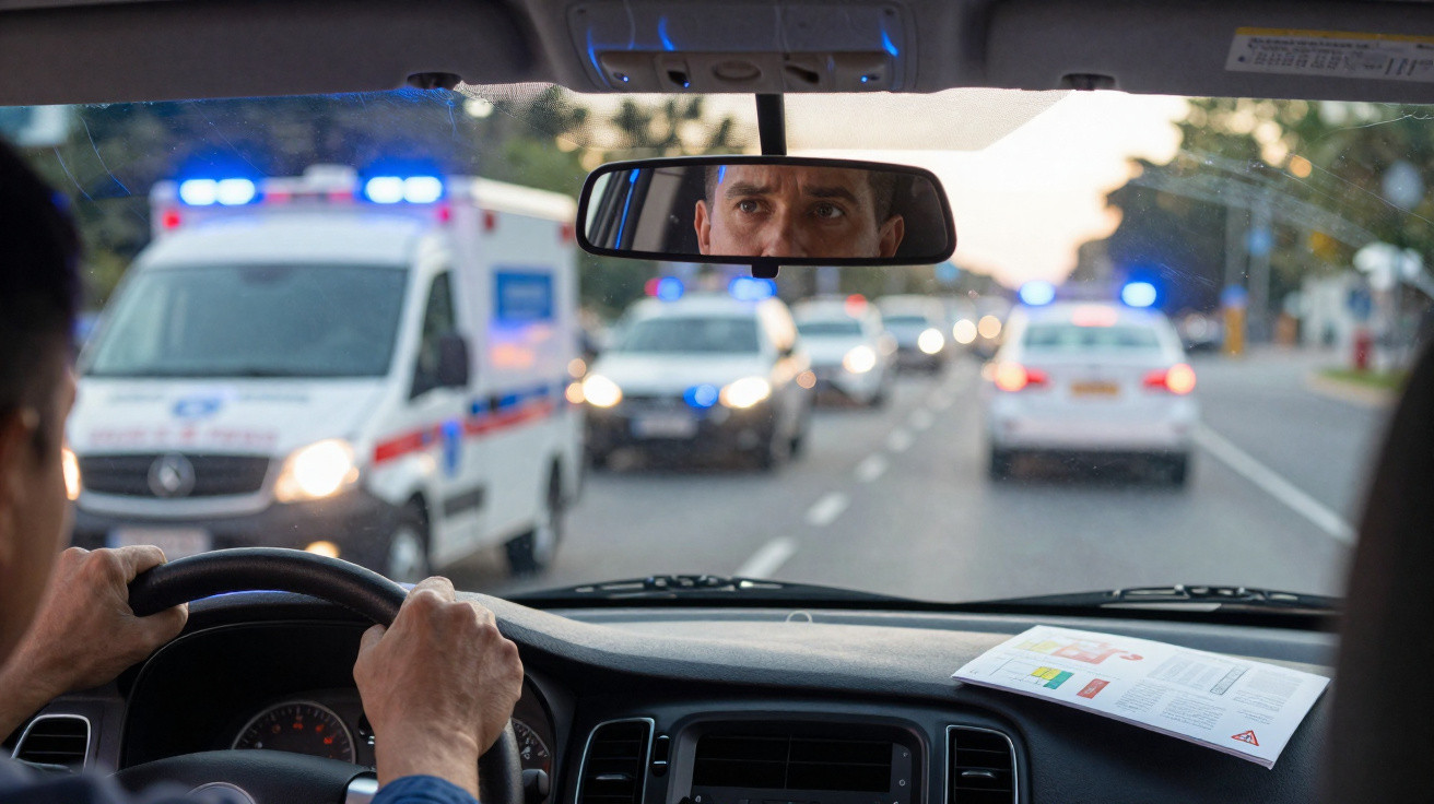 Condutor dentro do carro a olhar pelo espelho retrovisor com viaturas de emergência a aproximarem-se pela estrada.