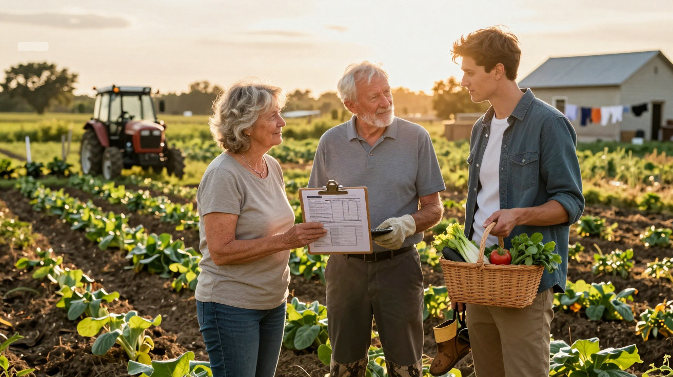 Três pessoas conversam numa plantação com cesto de legumes e trator ao fundo ao pôr do sol.