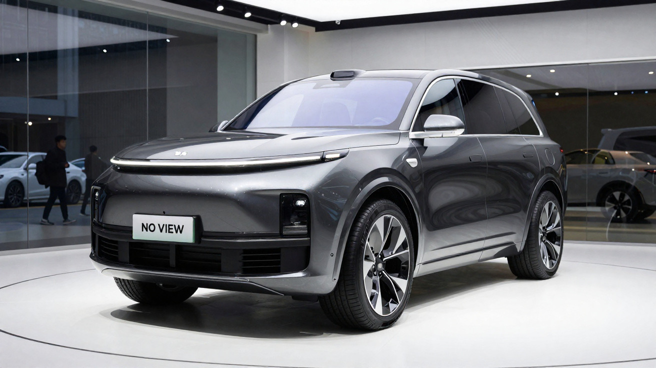 Carro SUV elétrico cinzento exibido numa plataforma branca em ambiente fechado moderno.