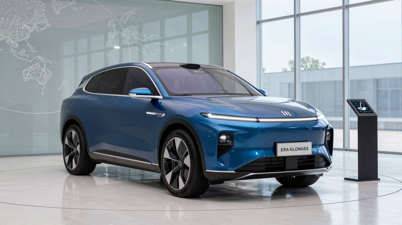 Carro elétrico azul futurista numa exposição moderna com grande janela e suporte digital ao lado.