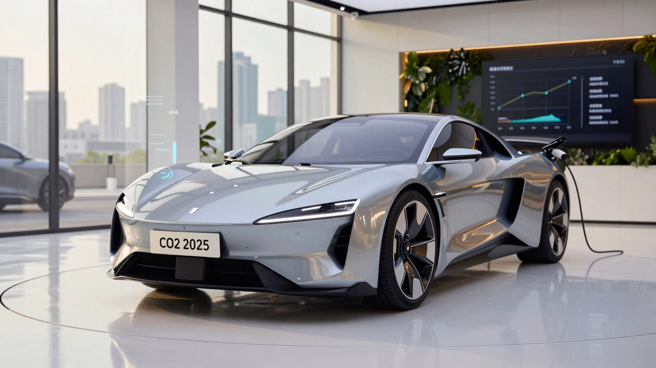 Carro desportivo elétrico prateado a carregar numa sala moderna com grandes janelas panorâmicas.