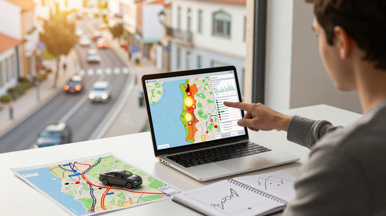 Pessoa a analisar dados de trânsito em mapa digital no portátil, com modelo de carro e mapa físico na mesa.