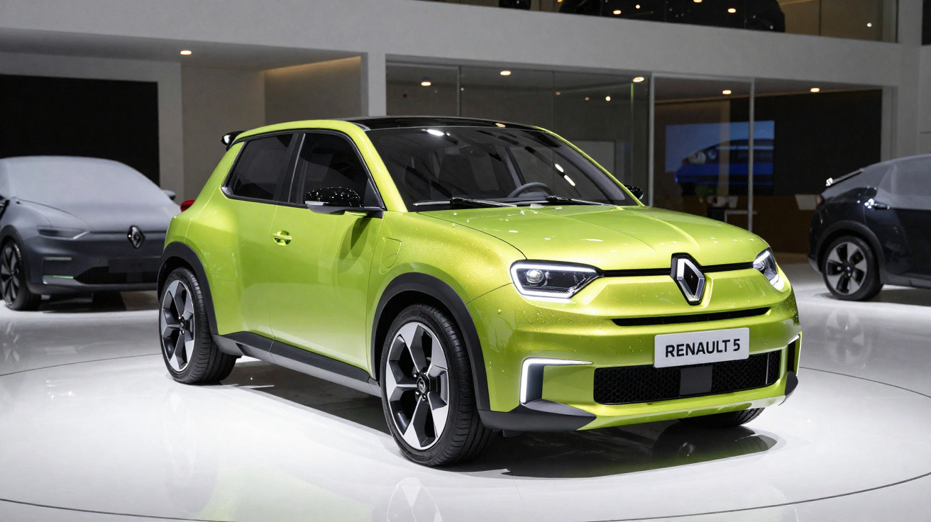 Automóvel elétrico Renault 5 em verde brilhante exposto numa exposição automóvel moderna.