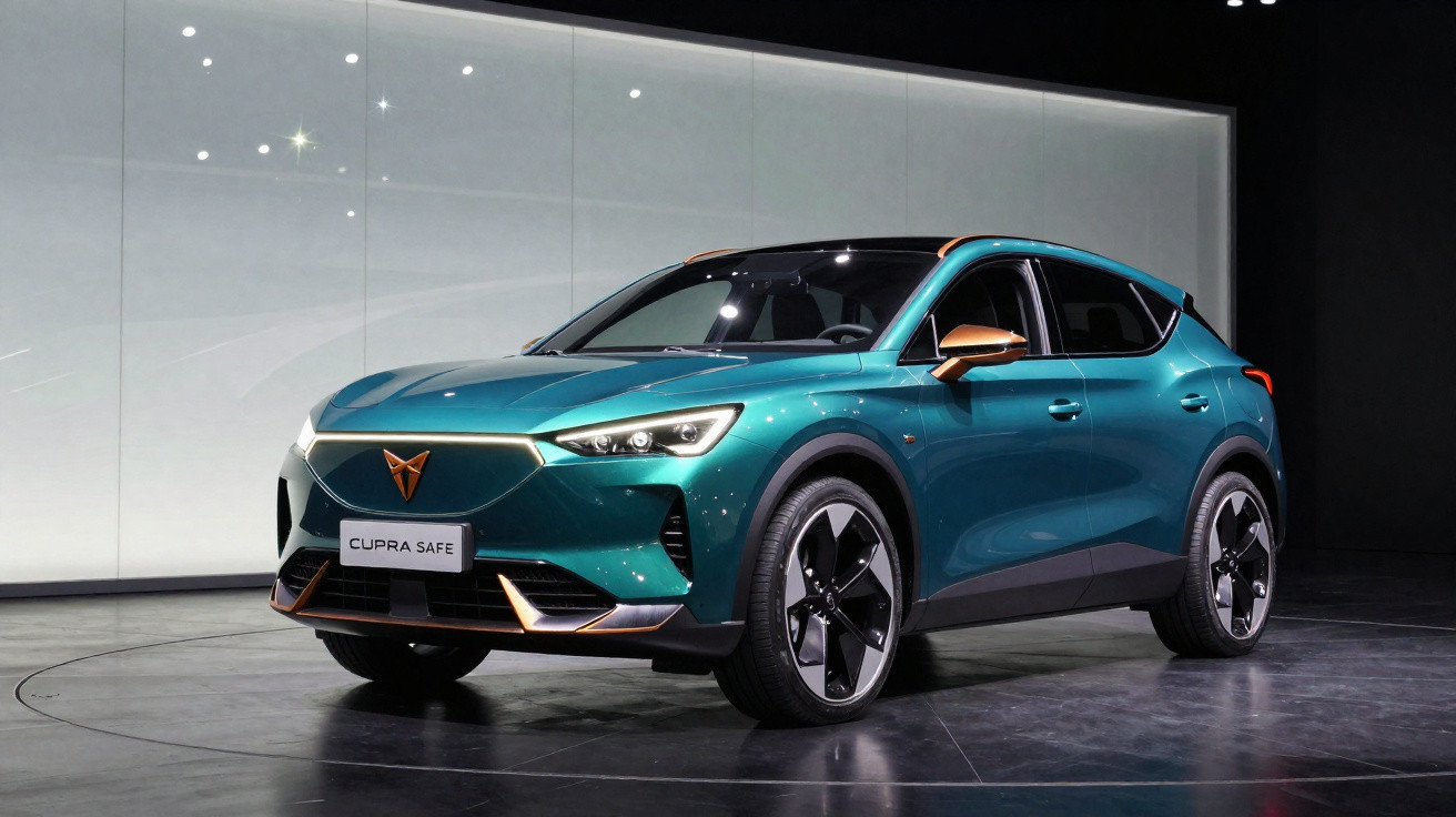 Carro eléctrico Cupra Safe azul-turquesa com detalhes em bronze em exposição em ambiente moderno e iluminado.