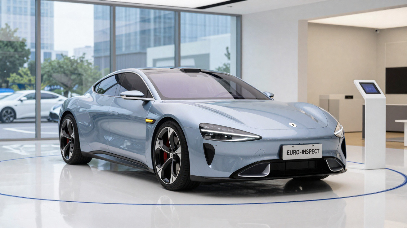 Carro desportivo elétrico cinza exposto num showroom moderno com janelas amplas e piso brilhante.