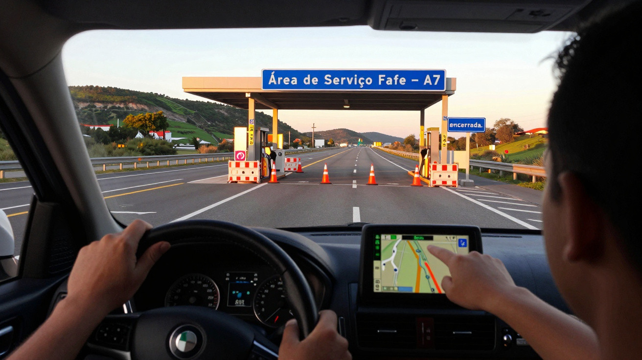Vista do interior de um carro com um condutor e passageiro, a aproximar-se de uma área de serviço fechada na autoestrada A7.