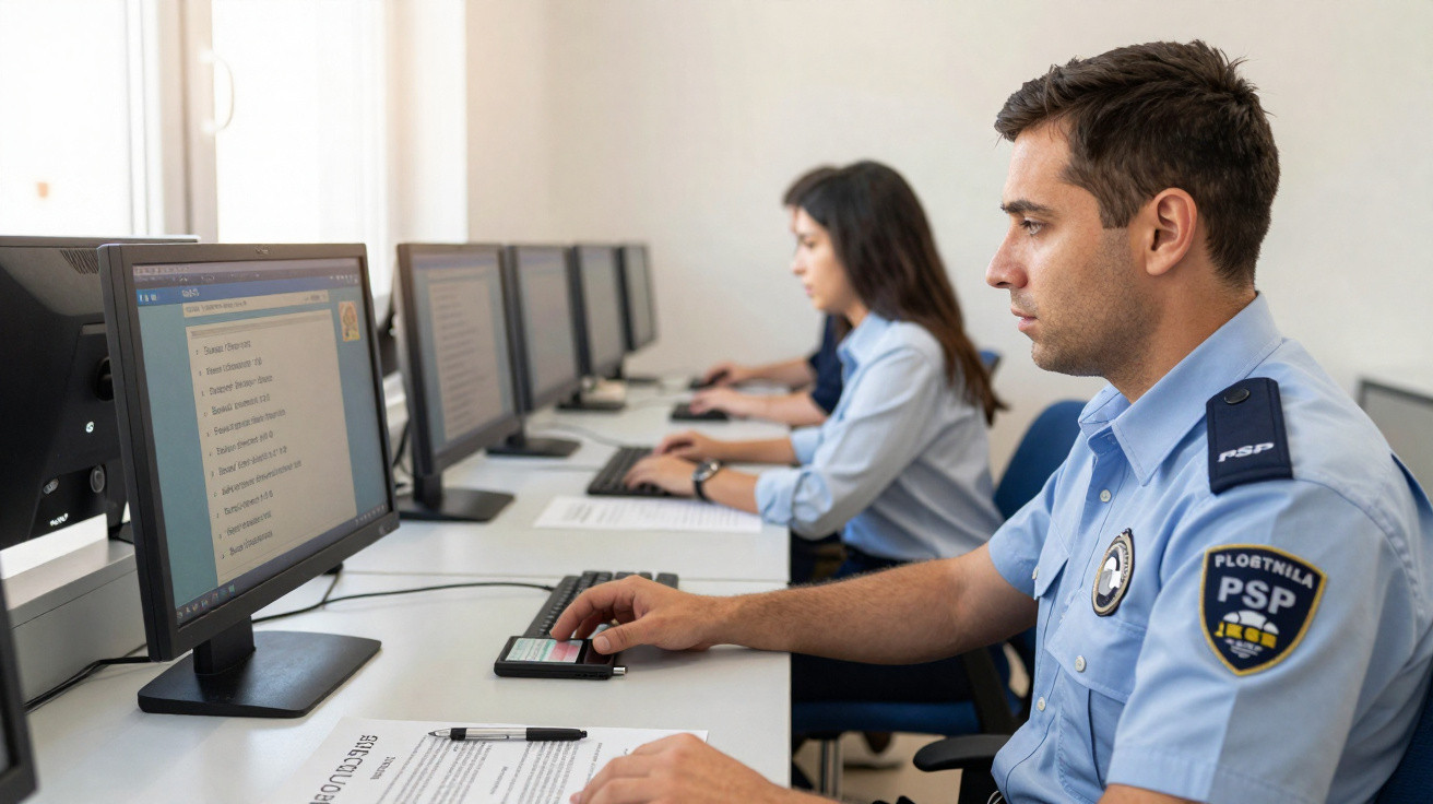 Agentes da PSP a trabalhar em computadores numa sala de escritório bem iluminada.
