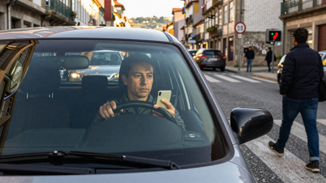 Homem ao volante de carro a olhar para telemóvel com peões a atravessar a passadeira numa rua urbana.