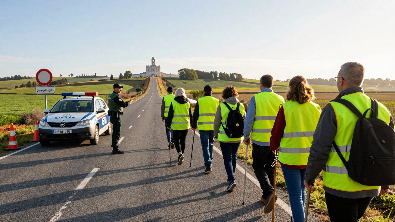 Grupo de pessoas de colete amarelo caminham em estrada rural vigiados por polícia junto a carro patrulha.