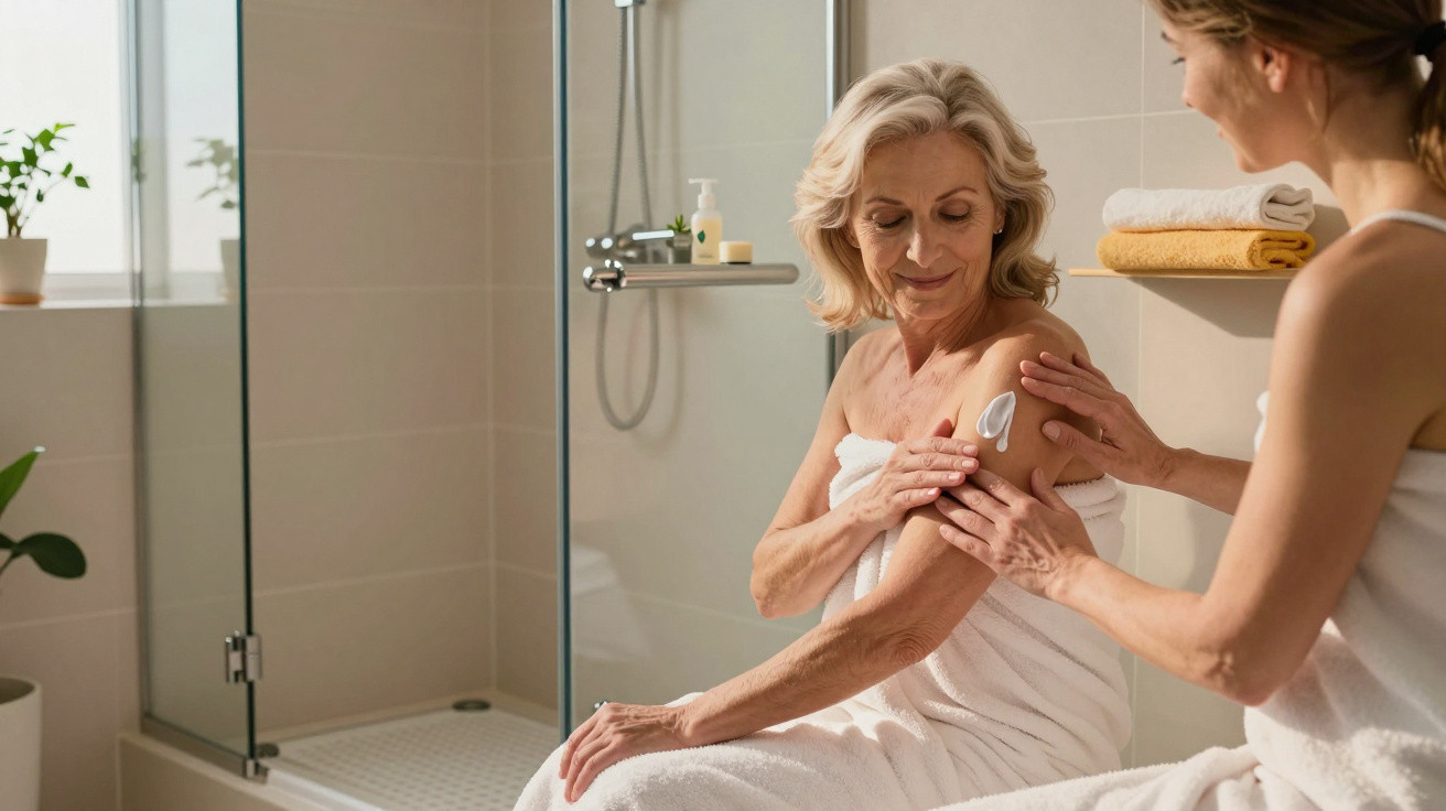 Duas mulheres numa casa de banho, uma aplica creme no braço da outra que está sentada enrolada numa toalha.