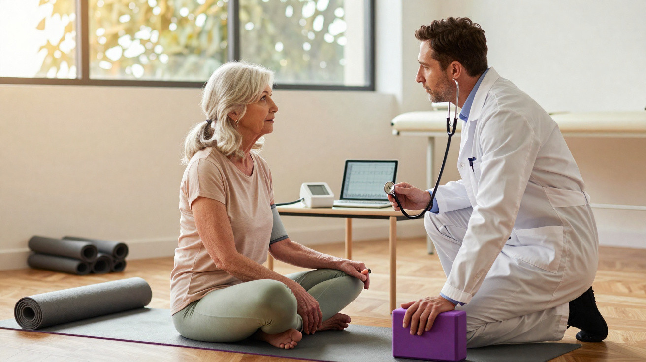 Médico com bata branca usa estetoscópio para examinar mulher sénior sentada no chão de yoga numa sala iluminada.