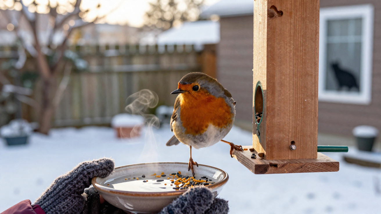 Pássaro com peito alaranjado pousado num comedouro numa mão com luvas na neve ao entardecer.