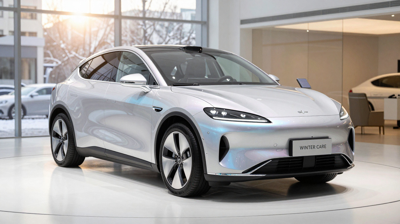 Carro elétrico cinzento prateado em exposição moderna com iluminação natural através das janelas grandes.