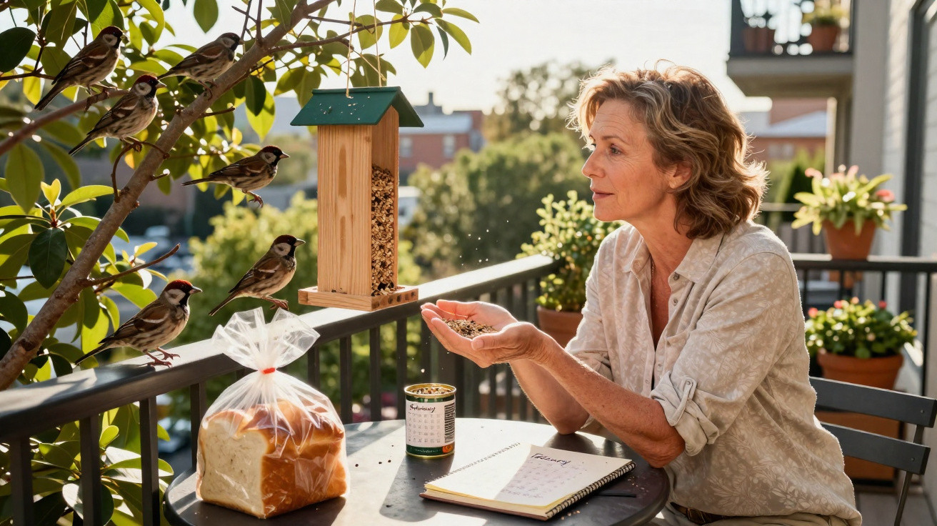 Mulher alimenta pássaros num terraço com comedouro, pão e caderno numa mesa ao fim da tarde.