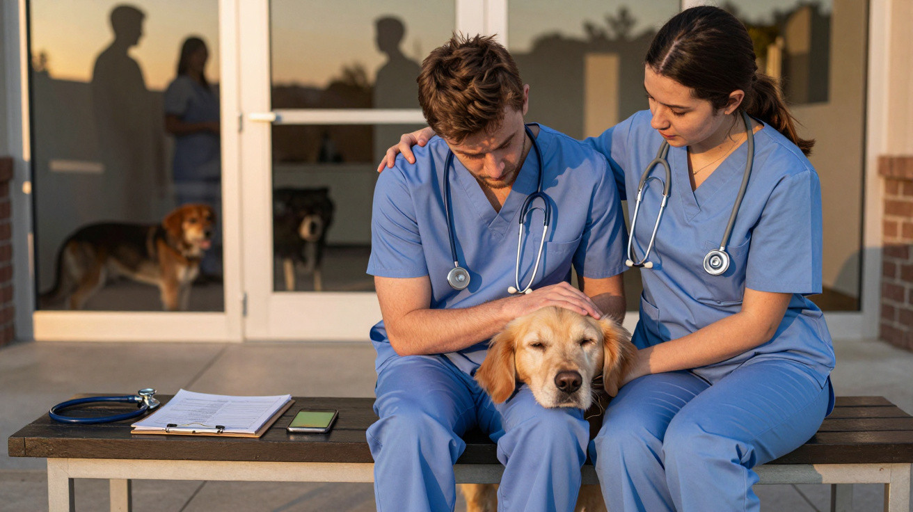 Dois veterinários de fato azul confortam um cão Golden Retriever sentado num banco, com cães ao fundo.