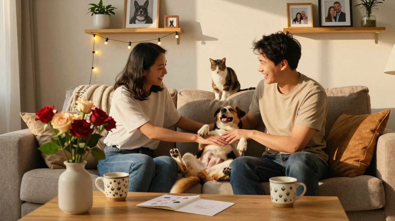 Casal sentado no sofá a brincar com um cão, com um gato ao fundo e flores na mesa de centro.