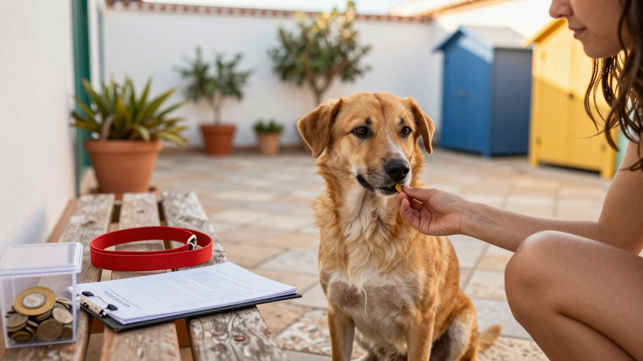 Pessoa a dar um petisco a um cão castanho sentado num pátio com canis coloridos ao fundo.