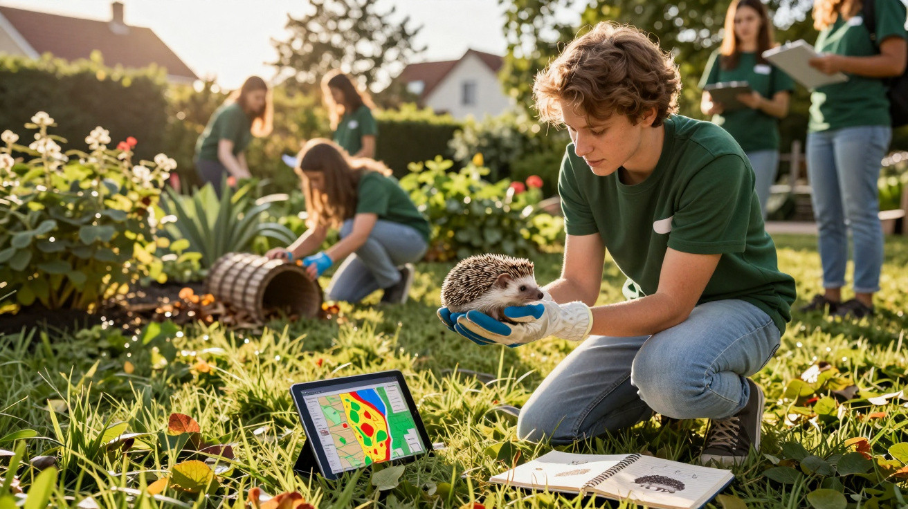Jovem com luvas segura um ouriço numa atividade de campo com colegas e tablet num jardim.
