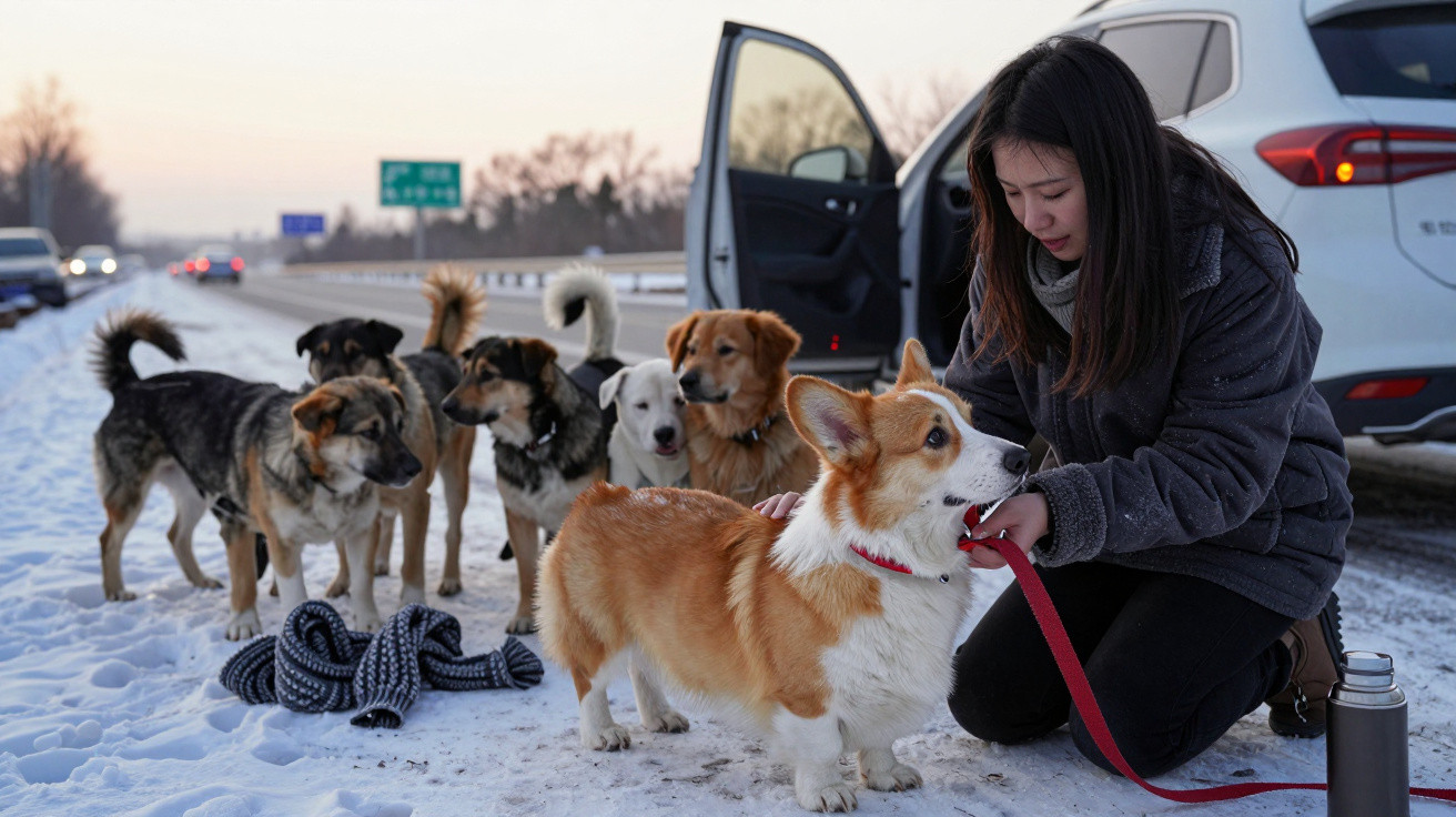 Mulher com vários cães na neve ao lado de carro estacionado com porta aberta ao pôr do sol.