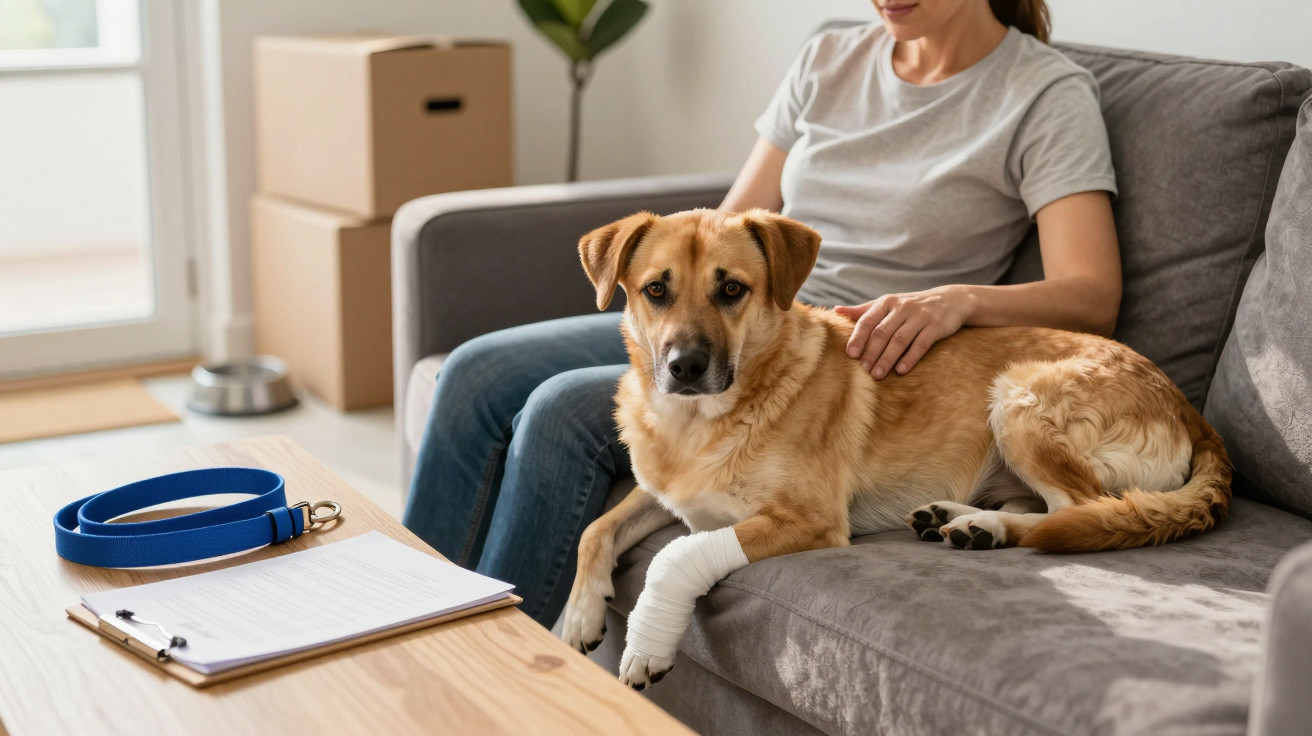 Cão com ligadura na pata ao lado de pessoa sentada no sofá, coleira azul e papéis sobre mesa em sala.