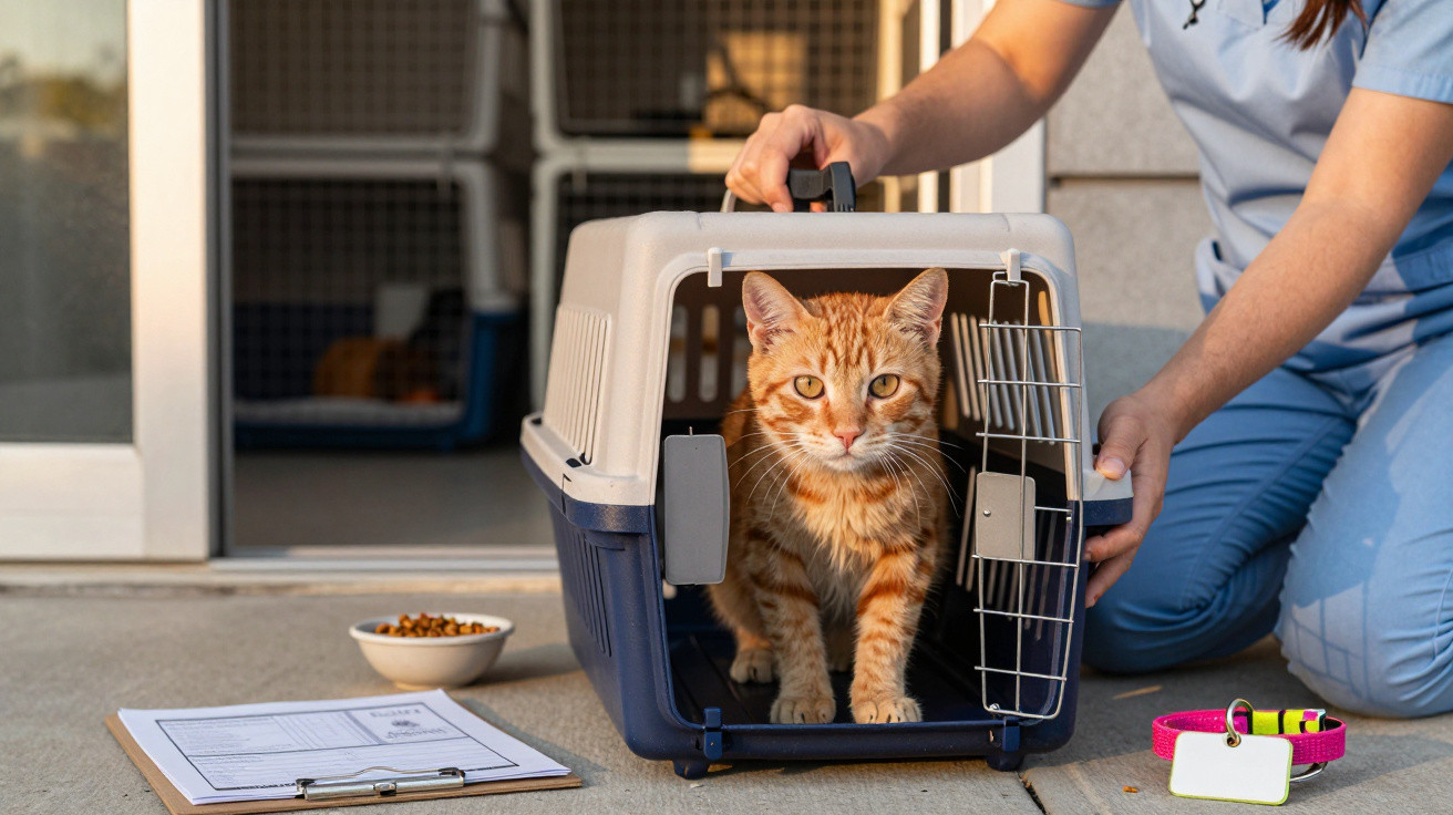 Gato laranja a sair de transportadora com veterinário ao lado, comida e coleira no chão.