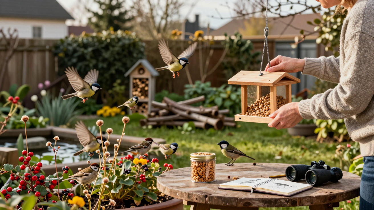 Pessoa a alimentar pássaros num alimentador suspenso num jardim com plantas, caderno e binóculos numa mesa.
